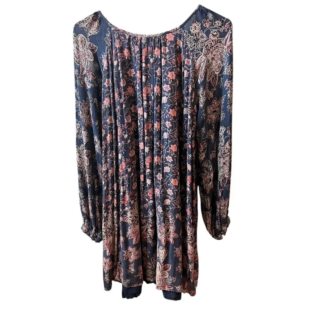 Free People Floral Long Sleeve Mini Dress‎ Womens Sz. Medium Blue Bohemian FLAW